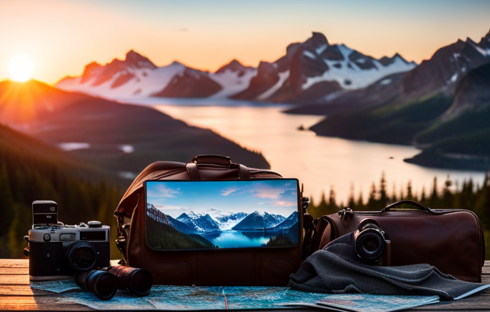 An image of a travel bag bursting with warm layers, waterproof jackets, sturdy hiking boots, binoculars, a camera, sunscreen, and a map of Alaska, all set against a backdrop of snowy mountains and a serene ocean
