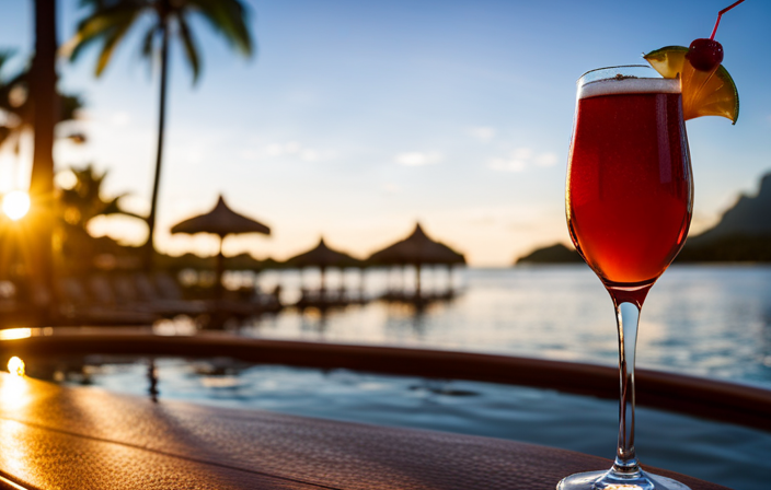 An image showcasing a serene poolside scene on a Disney Cruise Line ship, featuring a colorful array of tropical cocktails, elegant wine glasses, and craft beers, highlighting the diverse alcoholic beverage policies and packages available