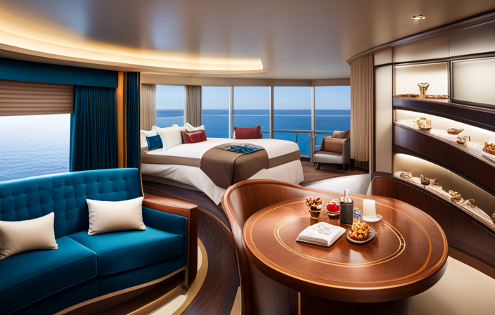 An image showcasing the luxurious features found in Disney Cruise Line staterooms: a plush queen-sized bed with embroidered Mickey Mouse pillows, a private balcony overlooking the sparkling sea, a sleek and modern bathroom with a whirlpool tub, and a cozy seating area perfect for relaxation