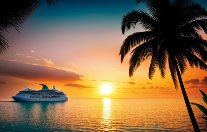 An image capturing a luxurious cruise ship sailing amidst crystal-clear turquoise waters, surrounded by stunning tropical islands with pristine white sandy beaches and vibrant green palm trees, while the horizon offers a breathtaking sunset