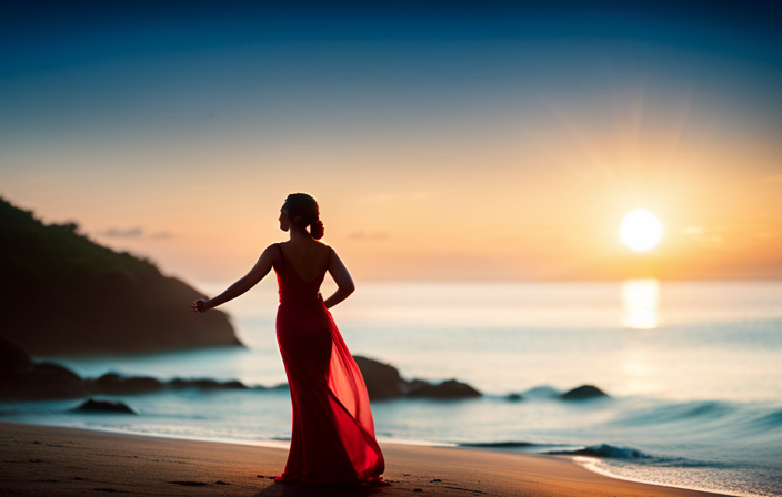An image capturing the essence of an Asia cruise singer's journey, depicting a vibrant stage adorned with traditional Asian motifs, silhouetted against a backdrop of serene ocean waves at sunset