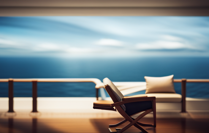 An image of a serene cruise ship deck, adorned with tranquil blue waters, as a confident traveler lounges in a comfortable chair, effortlessly enjoying the smooth voyage, free from any hints of motion sickness
