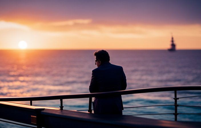 An image showcasing a serene sunset over a vast ocean, with a solitary figure leaning against the ship's railing, exuding a sense of freedom and tranquility, encouraging readers to explore the benefits of solo cruising