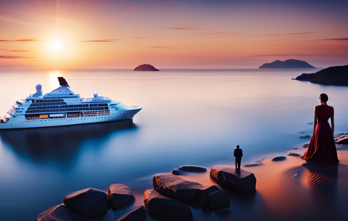 An image that showcases a gleaming sunset over a tranquil sea, with a cruise ship sailing into the horizon, surrounded by dollar signs and a calendar indicating the shoulder seasons, hinting at insider tips for booking affordable cruises