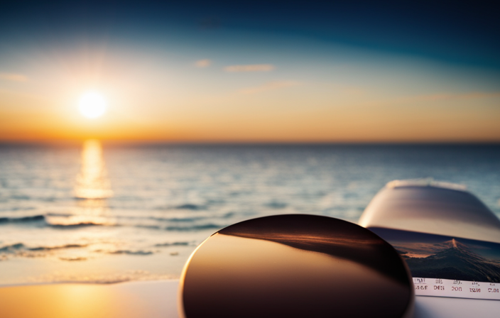An image showcasing a serene ocean sunset, with a golden-hued sky, a cruise ship sailing gracefully towards the horizon, and a calendar subtly overlaid, highlighting the perfect time to plan your dream cruise