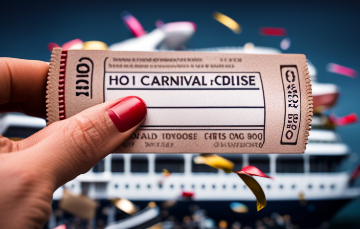 An image capturing the disappointment and frustration of a person holding a canceled Carnival Cruise ticket, surrounded by colorful confetti and a broken cruise ship model, symbolizing the desire for a refund