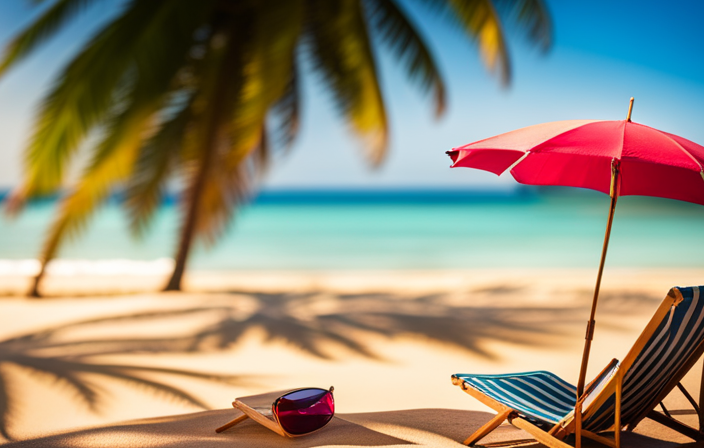 Vibrant image of a tropical beach with a lounge chair covered in a colorful towel and a pair of sunglasses placed on top