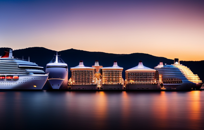 An image showcasing a lineup of colorful and grand Carnival cruise ships docked side by side, each representing a different class, flaunting their unique designs, features, and distinct personalities