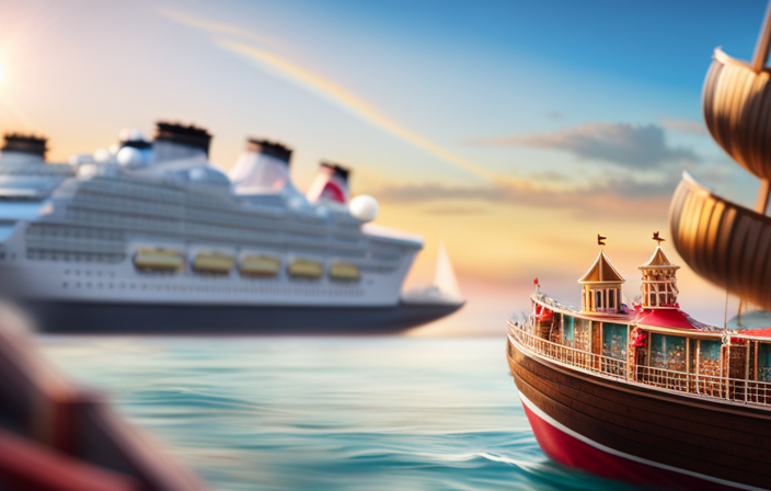 An image showcasing two contrasting cruise ships sailing side by side: one adorned with vibrant colors, whimsical characters, and magical themes reflecting Disney's enchanting world, while another exudes a vibrant carnival atmosphere with bold, festive designs and playful motifs