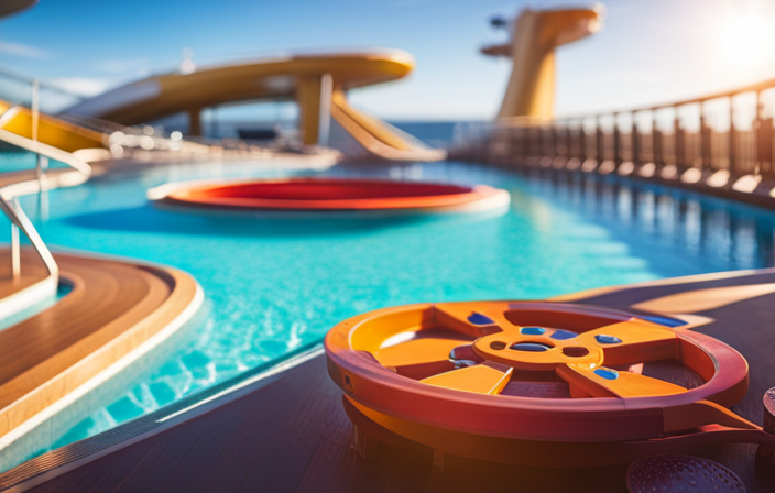 An image showcasing a vibrant pool deck on a cruise ship, adorned with colorful water slides, sun loungers, and families laughing and splashing around
