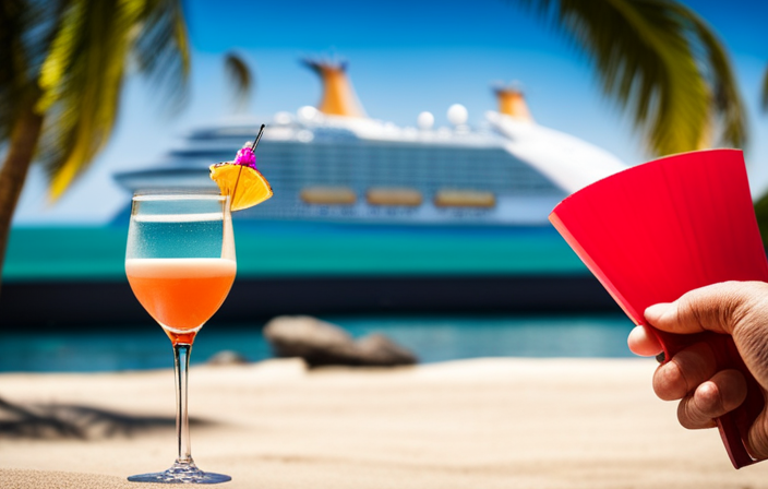 An image showcasing a tropical beach backdrop with a vibrant cocktail in hand, surrounded by colorful beach umbrellas, palm trees, and a majestic Carnival cruise ship in the background