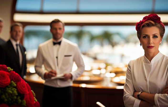 An image of a cruise ship's elegant dining room, adorned with vibrant floral centerpieces and waitstaff gracefully serving guests