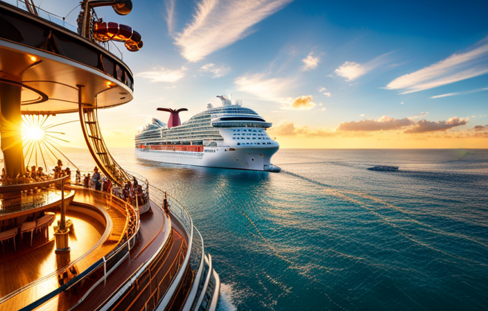 An image of a vibrant Carnival cruise ship sailing through crystal-clear turquoise waters, adorned with thrilling water slides, luxurious sun deck loungers, and a colorful carousel, capturing the essence of Carnival's impressive fleet and exciting upgrades