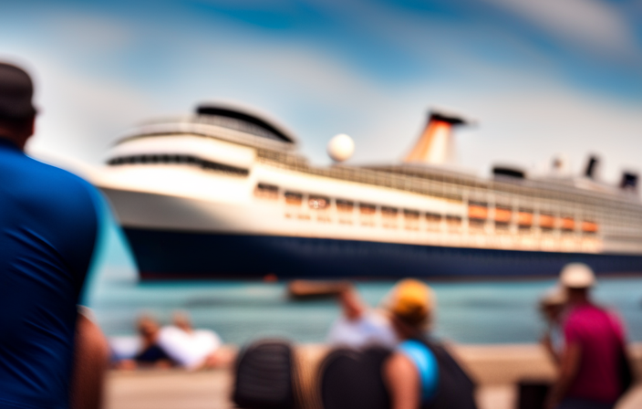 An image of a weathered, colorful cruise ship anchored at a bustling port, surrounded by enthusiastic passengers