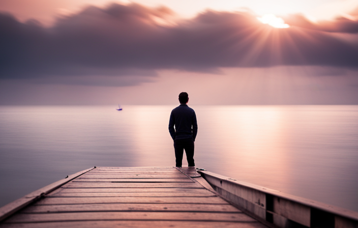 An image showcasing a serene seascape with a person standing at the edge of a boat, peacefully gazing at the horizon