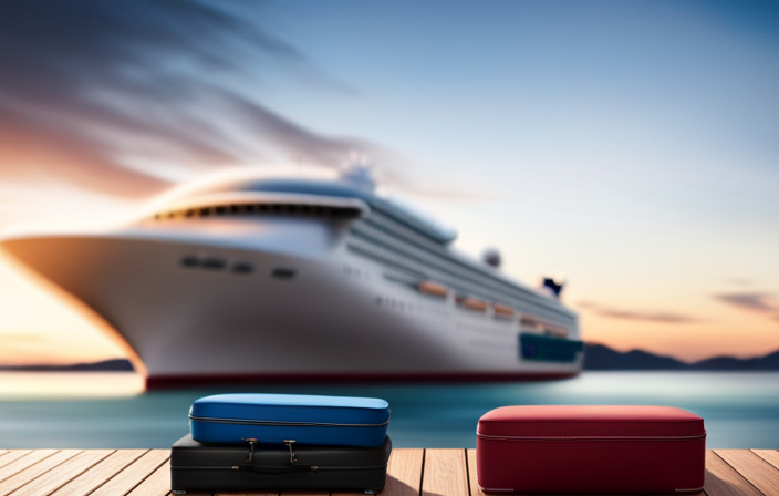 An image showcasing a colorful assortment of luggage options on a dock, with a majestic cruise ship in the background