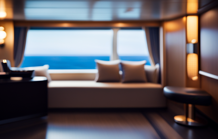An image of a serene cruise ship cabin nestled in the ship's bow, depicting soundproof walls, a stable atmosphere, and minimal disruptions