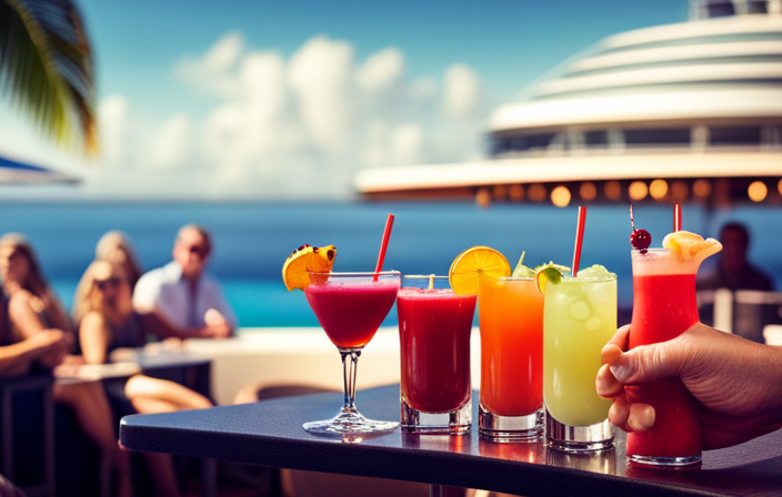 An image showcasing a vibrant poolside bar on a Celebrity cruise ship, adorned with colorful cocktails on a sunny day