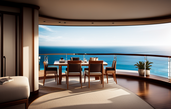 An image showcasing a luxurious cruise ship balcony cabin adorned with floor-to-ceiling glass doors, plush seating, and a private outdoor space, contrasting with a lavish suite featuring a spacious living area, elegant furnishings, and panoramic ocean views