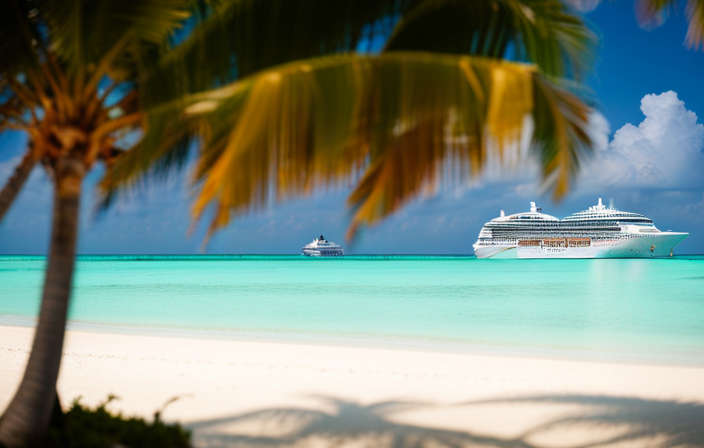 An image showcasing a sun-kissed, luxurious cruise ship gliding through crystal-clear turquoise waters, surrounded by vibrant coral reefs
