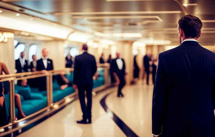 An image showcasing a traveler wearing a frown, struggling to navigate through a crowded European cruise ship deck, while others effortlessly relax and indulge in the serene atmosphere of the ship's luxurious amenities