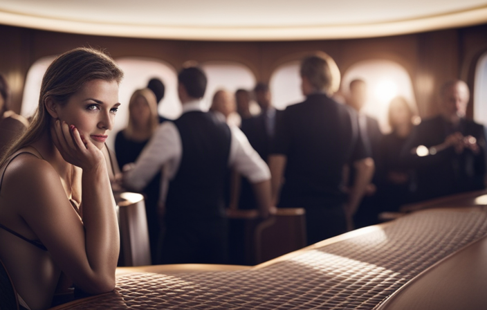 An image showcasing a traveler wearing a frown, struggling to navigate through a crowded European cruise ship deck, while others effortlessly relax and indulge in the serene atmosphere of the ship's luxurious amenities
