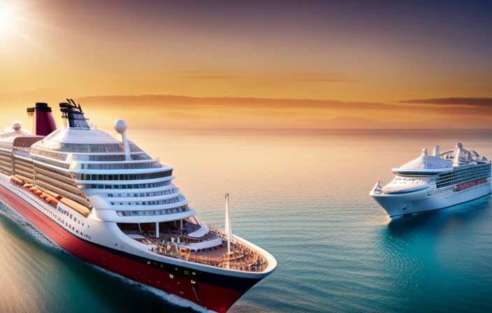 An image showcasing two colossal cruise ships, each adorned with their respective logos, sailing side by side on a sparkling ocean
