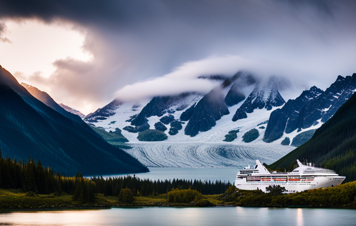 An image showcasing a scenic Alaska cruise itinerary with snow-capped mountains, glaciers, and quaint coastal towns