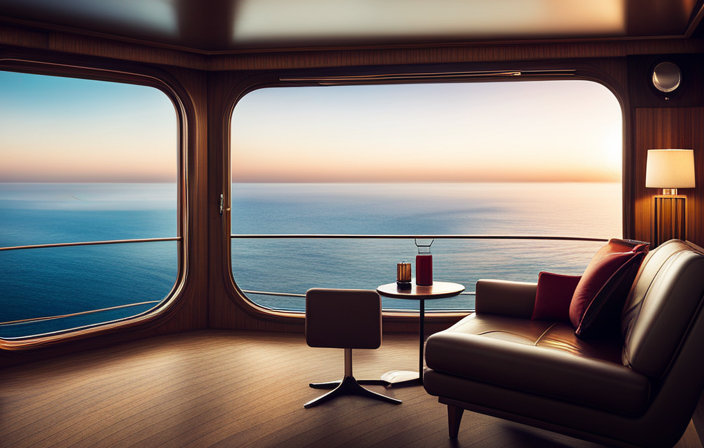 An image showcasing two contrasting cruise cabins side by side: a cozy inside cabin with dim lighting, compact layout, and a porthole-less window vs