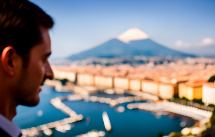 An image showcasing the breathtaking beauty of Naples, Italy, with its iconic Mount Vesuvius looming in the background