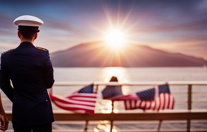An image showcasing a sun-kissed cruise ship deck, adorned with American flags and smiling military families enjoying the breathtaking ocean view