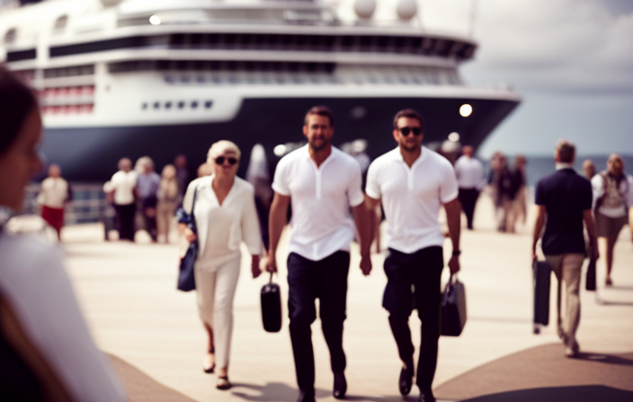An image showcasing a cruise ship's bustling embarkation process; passengers effortlessly boarding amidst organized lines, luggage being swiftly loaded onto the ship, and smiling crew members guiding guests towards a seamless start to their voyage