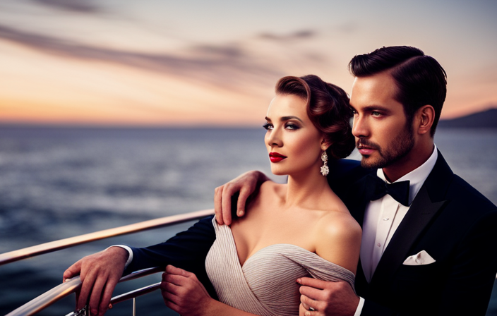 An image showcasing a glamorous couple on a luxurious cruise ship deck at sunset, elegantly dressed in formal evening wear, with the sparkling ocean and twinkling city lights as the backdrop