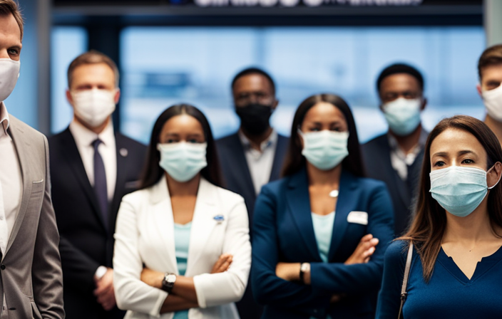 An image showcasing a diverse group of passengers at a cruise terminal, wearing face masks and displaying various forms of Covid test documentation, symbolizing the evolving pre-cruise Covid test policies of cruise lines