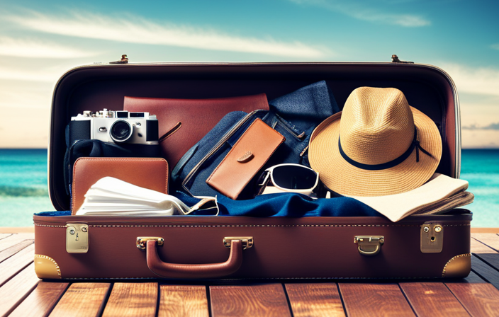 An image showcasing a neatly organized suitcase filled with essential cruise items: sunscreen, swimsuits, lightweight clothing, travel-sized toiletries, a hat, sunglasses, a camera, and a compact guidebook, all ready for a stress-free adventure on the open seas