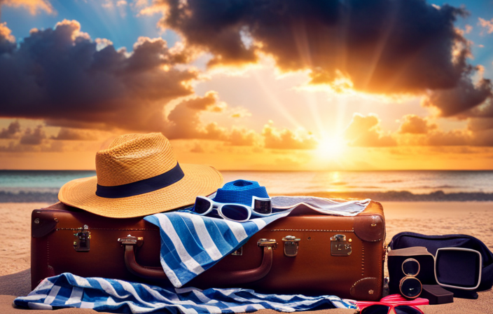 An image featuring a vibrant suitcase overflowing with essential accessories: sunscreen bottles, snorkeling gear, a wide-brimmed hat, a beach towel, and a pair of sunglasses