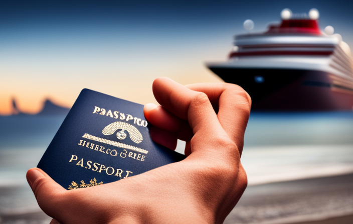 An image depicting a traveler's hand holding a valid passport, open to the photo page, with a cruise ship sailing in the background