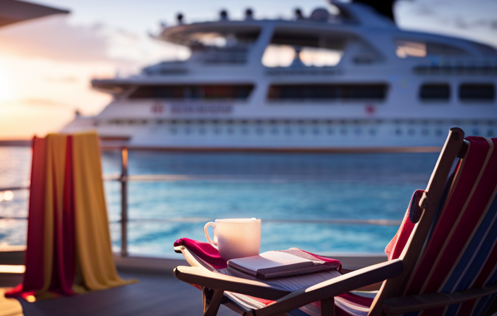 An image showcasing a deck chair on a luxurious cruise ship, adorned with a colorful beach towel