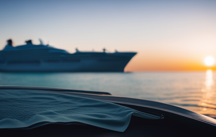 An image showcasing a serene ocean with a majestic cruise ship sailing smoothly amidst crystal-clear waters, highlighting the dos and don'ts of cruising through vibrant visuals like well-packed luggage, sunscreen, shore excursions, and proper dining etiquette
