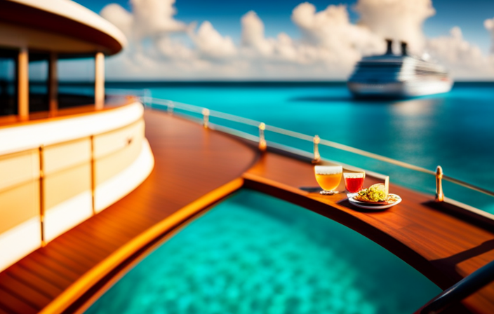 An image of a luxurious cruise ship gliding through crystal-clear turquoise waters, surrounded by vibrant tropical islands
