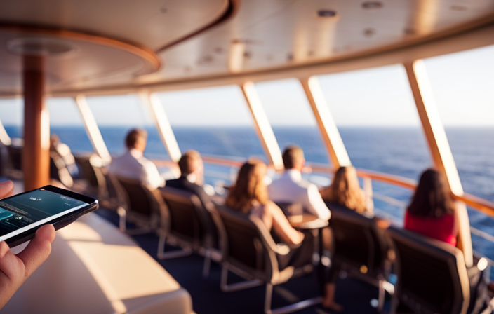 An image showcasing a state-of-the-art cruise ship deck, adorned with passengers engrossed in digital activities on their devices, while high-speed WiFi connectivity enables seamless browsing and streaming amidst breathtaking ocean views