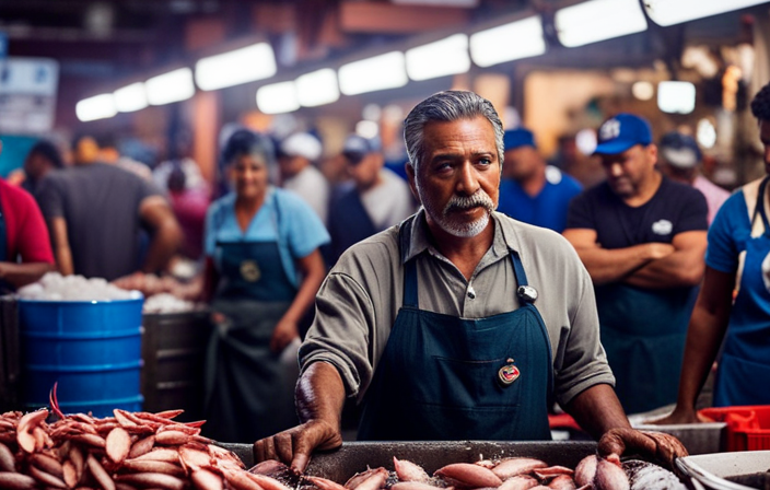 An image showcasing the vibrant colors of Ensenada's bustling fish market, with locals bargaining for the freshest seafood, surrounded by a sea of ice-filled buckets and rows of fish-filled crates