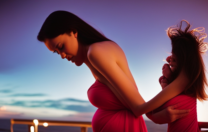 An image showcasing a serene pregnant woman basking in the warm glow of sunset on a luxurious cruise ship's deck, surrounded by vibrant tropical flowers, with a gentle sea breeze caressing her hair