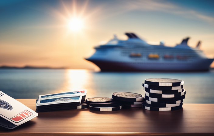 An image showcasing various forms of payment for a cruise: a stack of prepaid cards, a jar filled with tips, a wallet with multiple currencies, and a credit card surrounded by cruise ship icons
