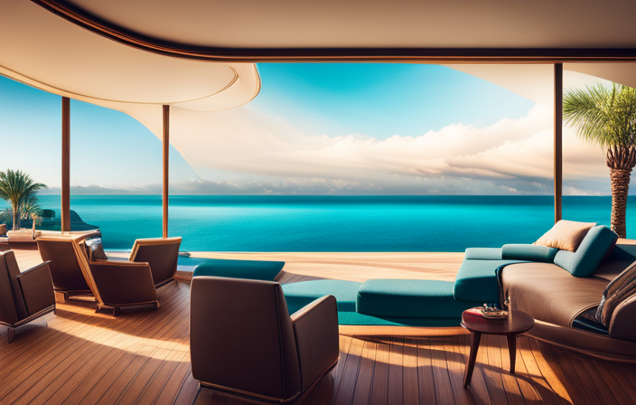 An image that captures the essence of adult relaxation on a Disney Cruise Line: A serene, sun-kissed deck adorned with luxurious loungers, palm trees swaying in the gentle breeze, and a backdrop of crystal-clear turquoise waters