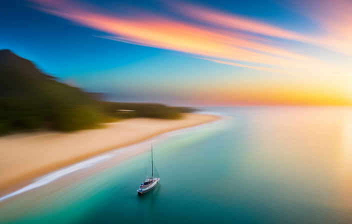 An image capturing the essence of cruising to Bermuda: a vibrant sunset casting warm hues over calm turquoise waters, a sleek sailboat gliding through the waves, and the iconic pink sandy beaches nestled amidst lush greenery