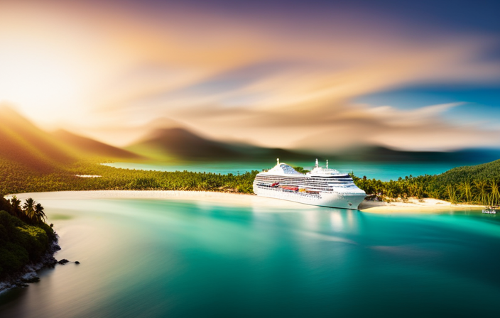 An image showcasing a luxurious cruise ship sailing gracefully on turquoise waters, with vibrant tropical islands in the backdrop