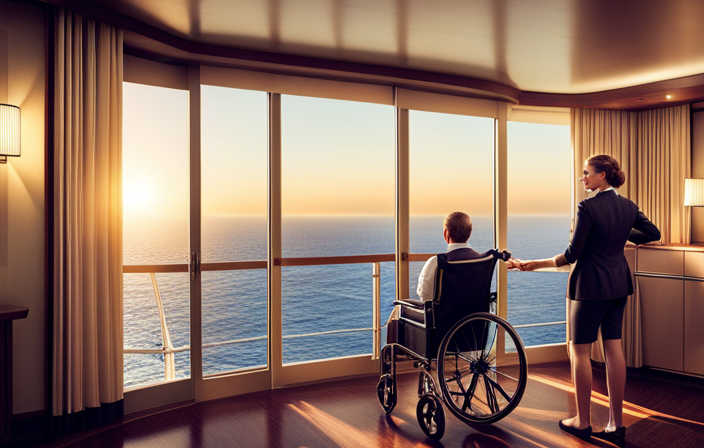An image showcasing a spacious and wheelchair accessible stateroom aboard a luxurious cruise ship