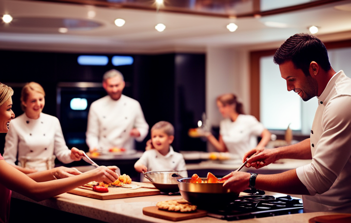 An image capturing the vibrant energy of a family cooking together on an MSC Cruise, surrounded by the elegant design of the ship's interior, where culinary collaborations and family fun intertwine seamlessly