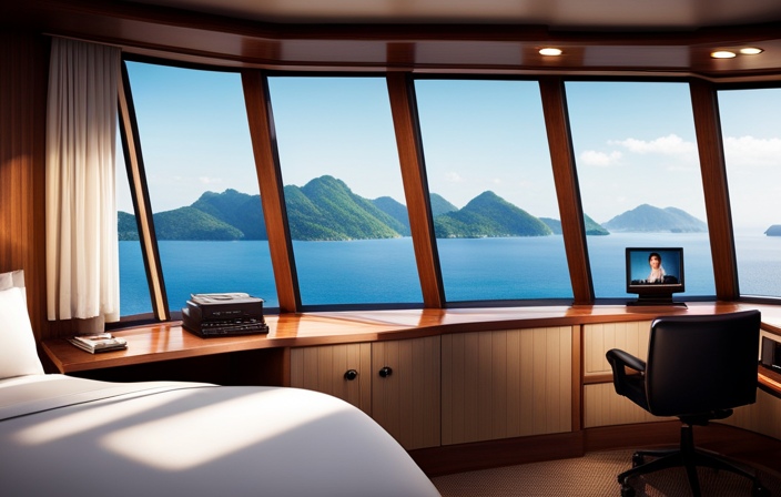 An image showcasing a cozy, ocean-facing cabin aboard a luxurious cruise ship